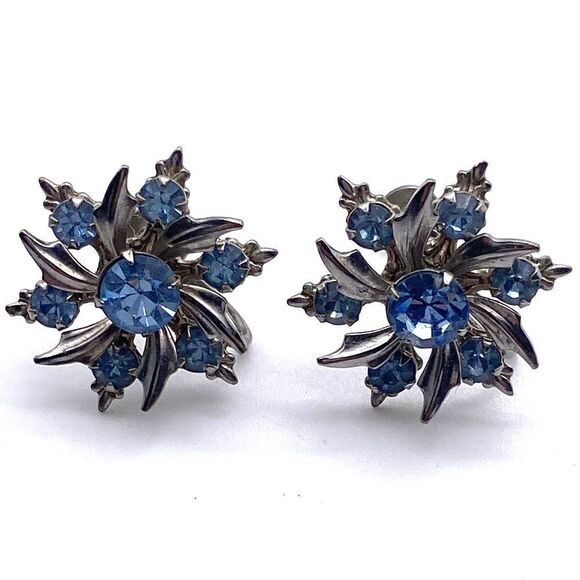 Vintage Blue Rhinestone Swirl Snowflake Screw Back Earrings clip on - Picture 1 of 5